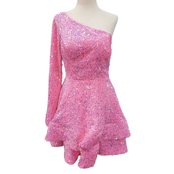 NWT Bubblegum Pink Asymmetric One Long Sleeve Short Sequin Dress - Picture 1 of 13